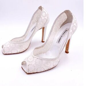 Manolo Blahnik White Lace Peep-Toe Heels